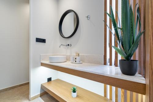 a bathroom with a sink and a potted plant at ARion Aesthesis Superior Villa Heated Pool in Kókkinon Khoríon