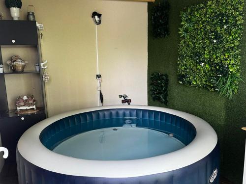 Una gran bañera azul en una habitación con plantas en Cosy maison Honfleur 2 chambres parking jardin et jacuzzi, en La Rivière Saint Sauveur