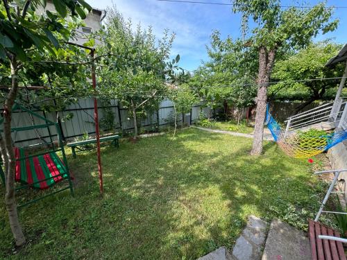 a yard with a hammock in a yard with trees at Zindisi Forest Haven Retreat in Surami in Surami