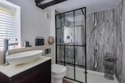 a bathroom with a sink and a toilet at Holland Cottage in Blockley