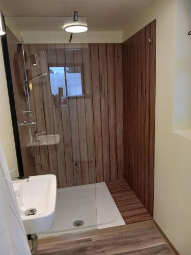 a bathroom with a shower and a sink at Zittau - Ferienwohnung Frieda mit Camping Familien, und Biker Hütten am Zittauer Gebirge in Zittau