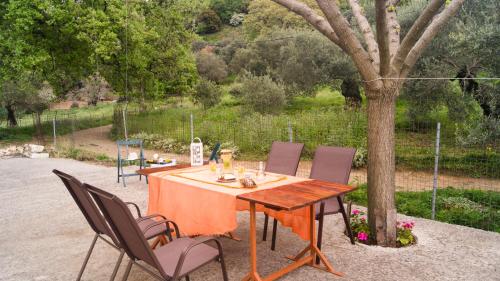 a table and chairs sitting under a tree at Drys Stone House in Miriokéfala
