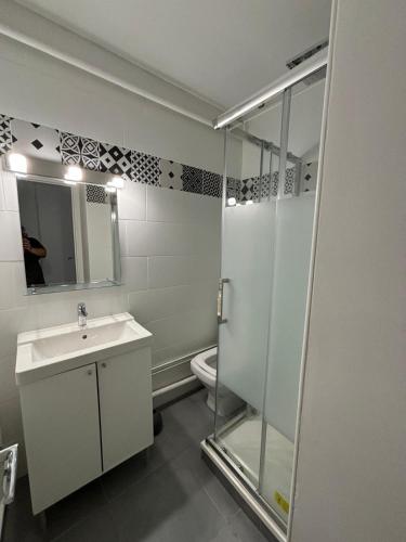 une salle de bain avec une douche, un lavabo et des toilettes dans l'établissement STUDIO 4 PERS SUD - L'Etoile des Rennes - Superdevoluy PIED DES PISTES, à Saint-Étienne-en-Dévoluy