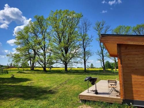 a building with a grill and a picnic table in a field at Cottage in Nature, free sauna, free breakfast in Lielkangari