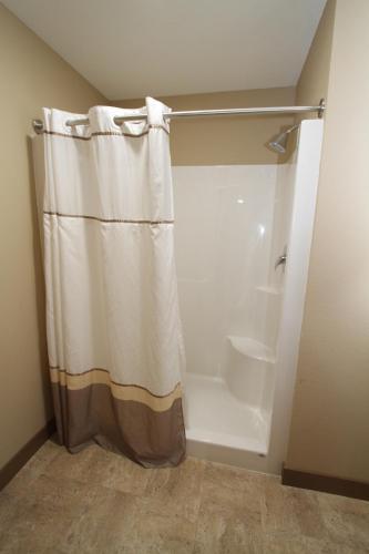a shower with a shower curtain in a bathroom at Bowman Lodge & Convention Center in Bowman