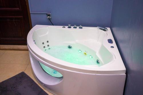 a bath tub filled with blue water in a bathroom at Appartement de 3 chambres avec jacuzzi in Cotonou