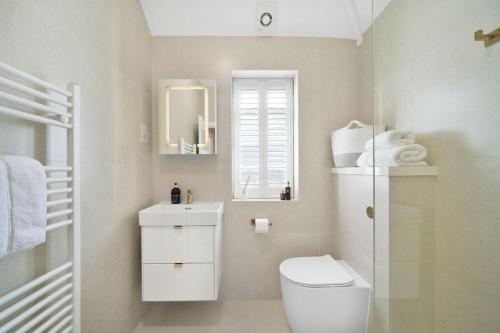 a bathroom with a toilet and a sink and a mirror at Hidden Gem in Finchley