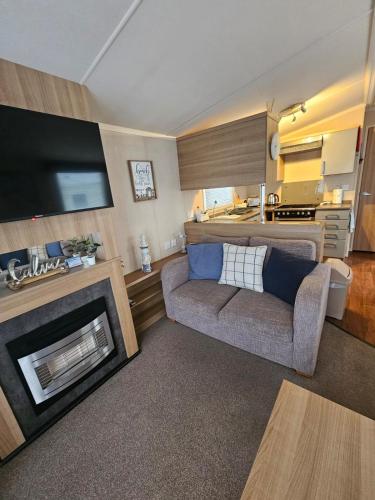 a living room with a couch and a fireplace at Oak Green- Top award winning caravan! in Gristhorpe