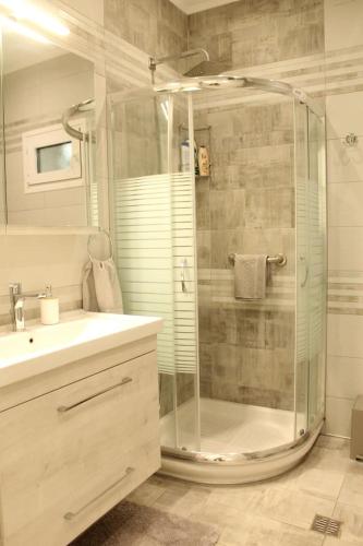 un bagno con doccia e lavandino di Panos modern country house a Mouzákion