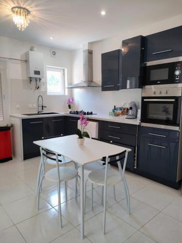 - une cuisine avec une table, deux chaises, une table et un évier dans l'établissement Résidence des canaris, à Toulouse