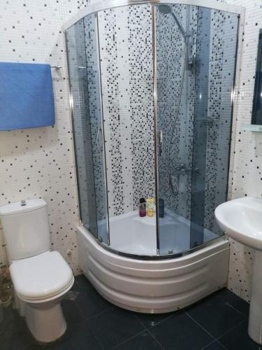 Un baño con ducha, inodoro y lavabo. en Отличный отдых в центре Батуми, en Batumi