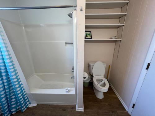 a small bathroom with a toilet and a shower at No Regrets in Emerald Isle