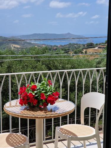 a table and chairs on a balcony with red flowers at marte rooms in Centola