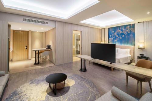 a living room with a television and a bed at Radisson Lampung Kedaton in Bandar Lampung