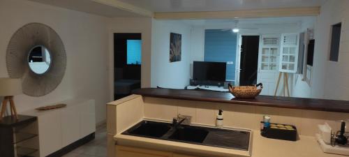 una cucina con lavandino e specchio di Patoulocation a La Trinité