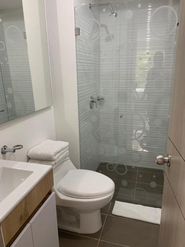a bathroom with a toilet and a glass shower at Espectacular apartamento en Ricaurte con BBQ in Ricaurte