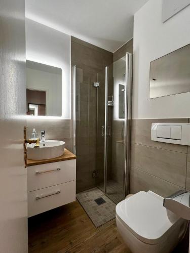 a bathroom with a toilet and a sink and a shower at The Lodge Braunlage in Braunlage