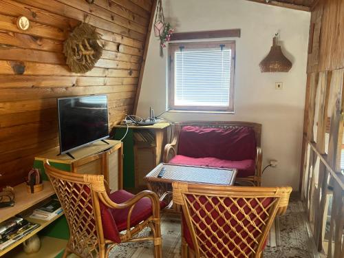 a room with a table and chairs and a television at Chata Mrhal, U Zemanů in Jivno