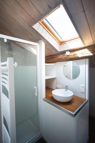 une salle de bain avec un lavabo et un miroir dans l'établissement La grange de Rigounet, à Brassac