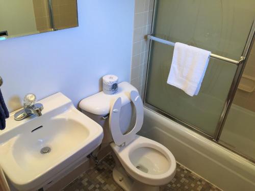 a bathroom with a toilet and a sink and a shower at Cedar Motor Inn in Marquette