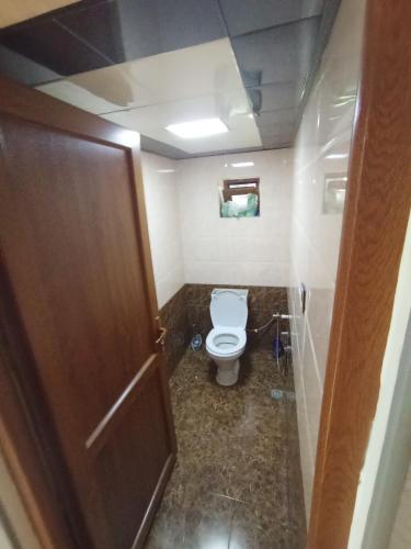 a bathroom with a toilet and a wooden door at Fun at the foot of the mountain in Kiş