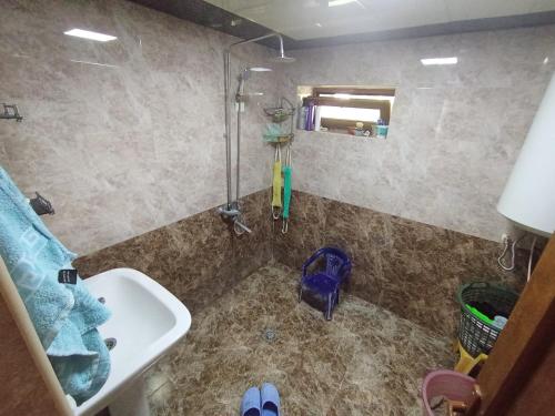 ein Badezimmer mit Dusche und Waschbecken in der Unterkunft Fun at the foot of the mountain in Kiş