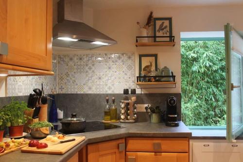 a kitchen with a sink and a counter top at Gîte Le Renard qui passe in Braine-le-Château