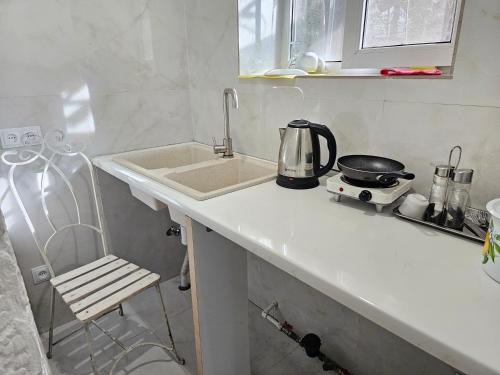 a kitchen counter with a sink and a stove at Center Studio in Chişinău