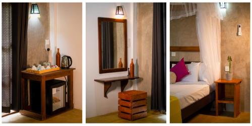 two pictures of a bedroom with a bed and a mirror at Sigiriya Cottage in Sigiriya