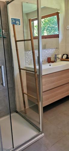 une douche en verre dans une salle de bain avec un lavabo dans l'établissement le moulin des riviéres, à Bréel