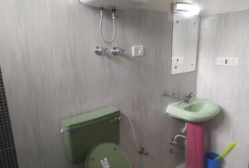 a bathroom with a green toilet and a sink at Dolma Guest House Ladakh by LexStays in Leh