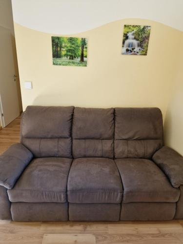 a brown couch in a living room with two pictures on the wall at Haus Brenner Weiz in Weiz