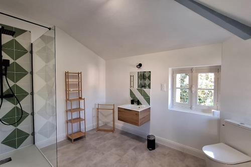 une salle de bain avec une douche en verre et un lavabo dans l'établissement Belle maison avec piscine, à Albi