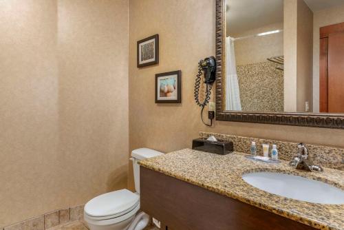 a bathroom with a toilet and a sink and a mirror at Comfort Inn & Suites Lincoln City in Lincoln City