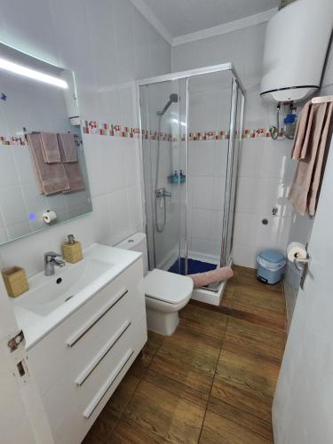 a bathroom with a shower and a toilet and a sink at Casa de Mariposas in Costa Del Silencio