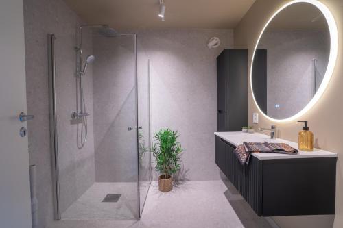 トロムソにあるLuxury top floor apartmentのシャワー、洗面台、鏡を備えたバスルーム
