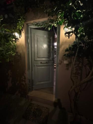 a door leading into a hallway with a plant at villa aneme Spetses in Spetses