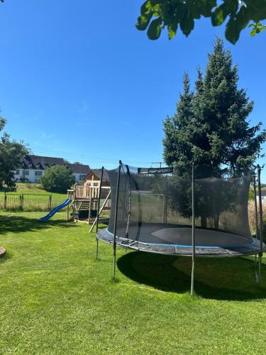 a trampoline in the grass in a yard at Gemütliche Wohnung zum Entspannen im Taunus in Grävenwiesbach