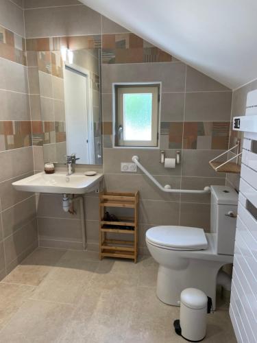 a bathroom with a toilet and a sink at Fermette Tourangelle in Bréhémont