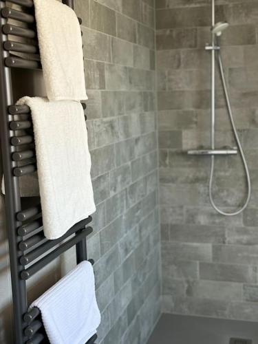 La salle de bains est pourvue d'une douche et de serviettes sur un portant. dans l'établissement La Grange Alsacienne, à Westhouse