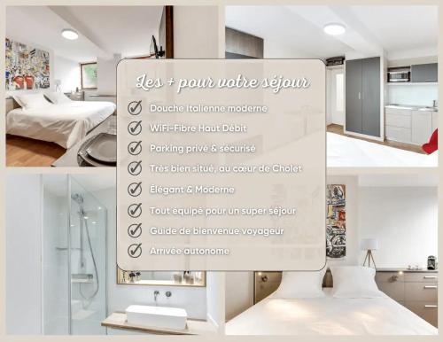 un collage de photos d'une salle de bains avec un panneau dans l'établissement Le Nénuphar - Parking, Hyper-Centre, 500m Gare, à Cholet