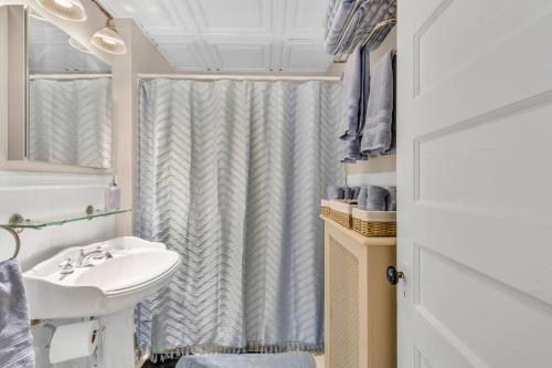 a bathroom with a sink and a shower curtain at Classic West Hartford Center Apartment in West Hartford