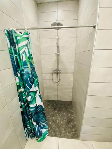 une douche avec un rideau de douche dans une salle de bain dans l'établissement La Grande Escale des Brias, à Saint-Martin-Lacaussade