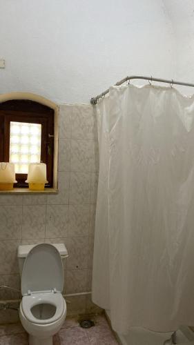 a bathroom with a toilet and a shower curtain at فيلا في قريه الصحفيين in El Alamein