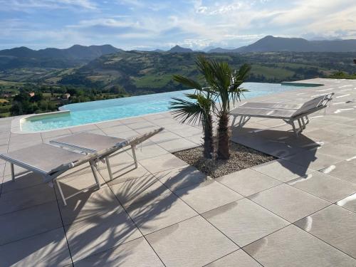 a patio with a bench and a palm tree next to a pool at Casa Ripa North in Cupramontana