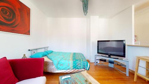 Il comprend un salon doté d'un canapé rouge et d'une télévision à écran plat. dans l'établissement Le Studio Diamant, à Mulhouse