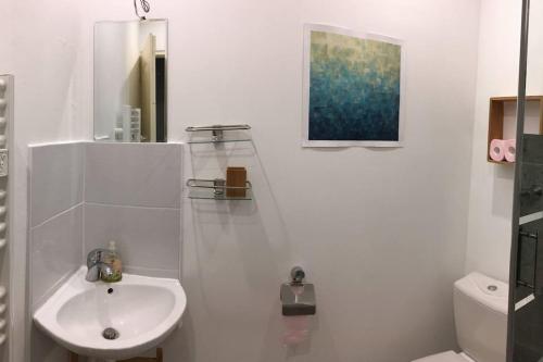 une salle de bain blanche avec un lavabo et des toilettes dans l'établissement Maison de Village Cosy 8 pers - Le Bourget du Lac, au Bourget-du-Lac