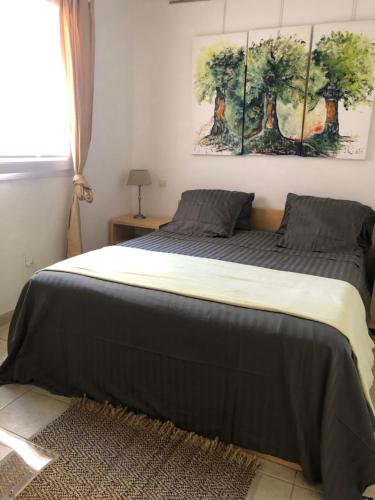 - une chambre avec un lit et une couverture noire dans l'établissement La Terrasse, à Port-Vendres