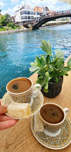 two cups of coffee on plates on a table near the water at Struga Riverview Hotel in Struga