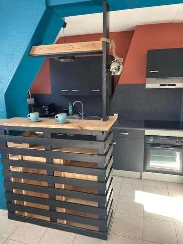 - une cuisine avec un comptoir et un évier dans l'établissement joli appartement bord de mer, à Le Portel